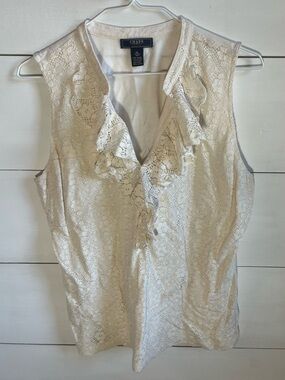 Chaps White Lace Ruffle Sleeveless Blouse